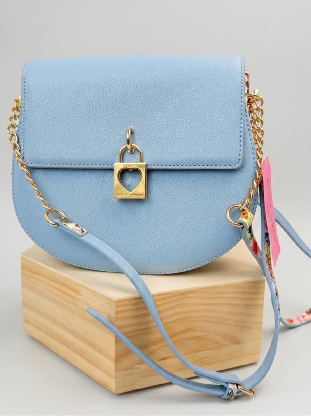 NWT Betsey Johnson XO Light Blue Mimi Saddle Bag w/ Floral and Snake Print Trim